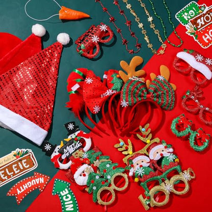 Zubebe 55 Pcs Christmas Photo Booth Props DIY Kit Selfie Props Accessories Christmas Hats Headband Glasses Scarves Paper Photo Booth Xmas Theme Photography Backdrop Decor Xmas Party Supplies