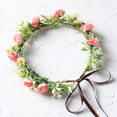 Handmade Fairy Flower Crown - Fashion Pink Flower Headband Mini Rose Hair Wreath Women Girls Floral Headpiece for Wedding Festival Halloween Cosplay - color: Pink Green