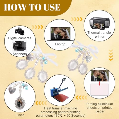 3Pcs Silver Wedding Bouquet Photo Charm,Thermal Transfer Bouquet Charm Kit for Gift Bridal Shower Graduation Memorial Photo Pin Brooch for Mother