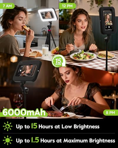 Tripod for iPhone with Light, Portable 15W Ring Light with Stand and Phone Holder for Video Recording, 6000mAh Magnetic Phone Tripod with Light 2500K-9000K for Food Hunt,Mukbang Video,Vlogging,CRI＞95