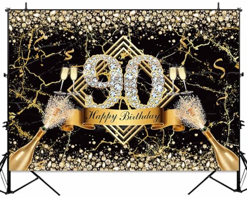 Sensfun Happy 90th Birthday Backdrop Black Gold Glitter Marble Diamond Photography Background Women Men Fabulous 90th Birthday Decorations 90 Years Old Birthday Party Banner Photo Studio Props 7x5ft - size: 7x5ft