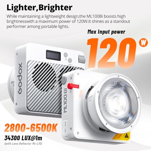 Godox ML100Bi 120W Bi-Color LED Video Light with 60cm Softbox Kit, CRI97+ & TLCI98+ 34300 Lux APP Control, 2800K-6500K, USB-C, 11 FX Effects for YouTube Filming, Live Streaming, Photography