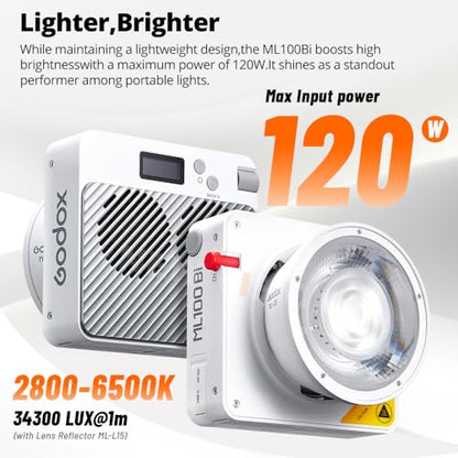 Godox ML100Bi 120W Bi-Color LED Video Light with 60cm Softbox Kit, CRI97+ & TLCI98+ 34300 Lux APP Control, 2800K-6500K, USB-C, 11 FX Effects for YouTube Filming, Live Streaming, Photography
