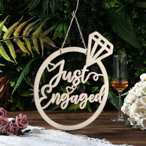 Youyole Just Engaged Wooden Sign 13.78'' x 11.22'' Diamond Ring Wood Cutout Sign Wedding Engagement Party Decorations Photo Booth Props with Hanging Rope Bridal Shower Rustic Hanging Decor - style: Just Engaged