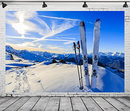15x10ft Fabric Snowy Mountain Photography Backdrop Winter Snowboard Decorations Ski Party Supplies Baby Shower Background Christmas Party Backdrop Wedding Anniversary Photo Studio Booth Props - size: 15x10FT