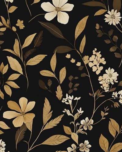 Fvlow Black Floral Wallpaper Peel and Stick Gold Leaf Contact Paper 17.4" x 118" Boho Wallpaper Waterproof Self Adhesive Wall Covering for Bedroom Countertop Desk Cabinets Decor - color: Gold/Black/White, size: 17.4" x 118"