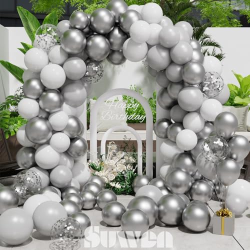 SUWEN 60PCS Metallic Silver Confetti Balloons Set Latex Helium Chrome Silver Balloon for Birthday New Year Wedding Party Decorations - color: Silver