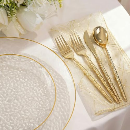I00000 150Pcs Clear Plastic Plates with Gold Rim,Clear Disposable Plates with silverware,Gold hammer patterned plates Set include 30 Dinner Plate,30 Dessert Plate,90 Silverware Set for Party - color: Clear and gold