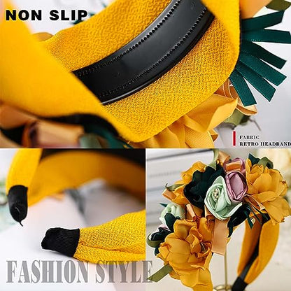 Flower Headbands for Women Boho Yellow Floral Headband Wide Autumn Wedding Hairband statement Hair Accessories(Yellow) - color: Yellow