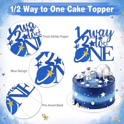 1/2 Birthday Half Trip Around the Sun Half Birthday Decorations - Banner Glitter Cake Topper Tassel Wood Bead High Chair Banner & Crown, Hat Halfway to One Baby Boy Girl Party Supplies - color: Planet Blue