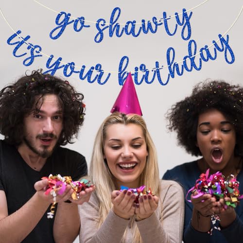 Go Shawty It's Your Birthday Banner, Hip Hop Birthday Party Decorations Supplies, Rap Theme Bday Bunting Sign, Pre-strung, Photo Props (Blue) - color: Blue
