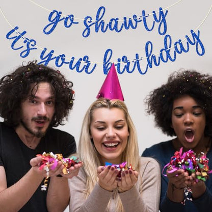 Go Shawty It's Your Birthday Banner, Hip Hop Birthday Party Decorations Supplies, Rap Theme Bday Bunting Sign, Pre-strung, Photo Props (Blue) - color: Blue