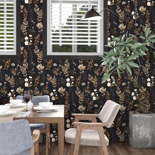 Fvlow Vintage Black Gold Floral Peel and Stick Wallpaper Waterproof Contact Paper, Self Adhesive Vinyl for Living Room Bedroom Bathroom, Removable Wall Covering Furniture Decor, 17.4" x 78" Boho Dark - color: Black, size: 17.4" x 78"