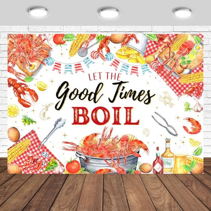 Crawfish Boil Backdrop 8x6ft Let The Good Times Boil Crawfish Shrimp Party Decorations Seafood Feast Birthday Photography Background Photo Booth Prop (8x6ft) - size: 8x6ft