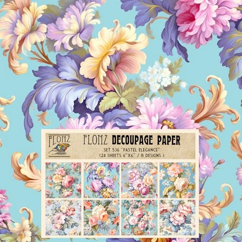 Decoupage Paper Pack (24 Sheets 6"x6") Pastel Elegance: Soft and Delicate Rococo Floral Patterns in Gentle Springtime Hues for Elegant Projects # Vintage Styled Paper for Craft and Scrapbooking - color: FortyFour