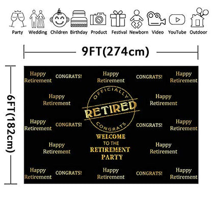 Officially Retired Black Golden Banner Backdrop for Photography, 9x6FT, Happy Retirement Party Background, Photo Booth Studio Props LYLU978 - size: Vinyl-9x6ft