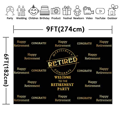 Officially Retired Black Golden Banner Backdrop for Photography, 9x6FT, Happy Retirement Party Background, Photo Booth Studio Props LYLU978 - size: Vinyl-9x6ft