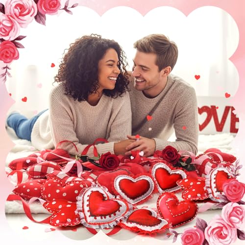 12 Pcs Valentine's Day Conversation Heart Decoration Stuffed Fabric Heart Ornament Rustic Colorful Love Decor Cute Tiered Tray Decor Bowl Filler for Valentine Gift Kitchen Home Wedding (Classic) - style: Classic