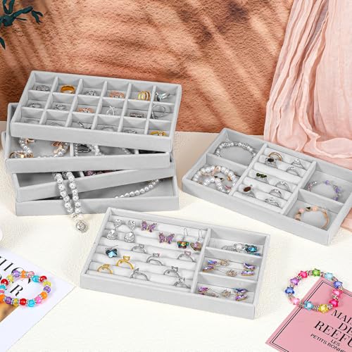 Abeillo 6Pcs Velvet Jewelry Tray Stackable Jewelry Drawer Organizer Inserts Divided Jewelry Box Display Case Storage for Earring Necklace Rings Bracelet Watch Bangle (Grey)