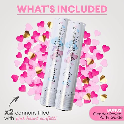 PrimePure Gender Reveal Confetti Cannon - Heart Shaped Confetti Poppers - Pink, 2 Pack - Baby Girl Gender Reveal Party Poppers - Pink Paper Baby Party Supplies Pop Gun - color: Pink
