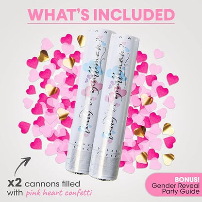 PrimePure Gender Reveal Confetti Cannon - Heart Shaped Confetti Poppers - Pink, 2 Pack - Baby Girl Gender Reveal Party Poppers - Pink Paper Baby Party Supplies Pop Gun - color: Pink