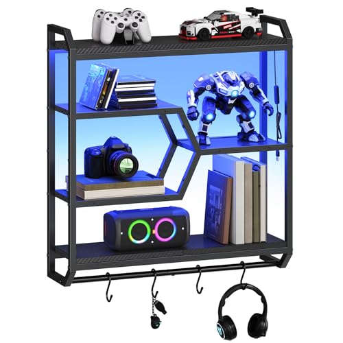HOOBRO Gaming Floating Shelf with LED Lights, 27.5" LED Wall Mounted Shelf with Hanging Rod & 4 S-Hooks, 4-Tier Hanging Display Rack, for Living Room, Gaming Room, Black BB71DBJ01 - color: Black