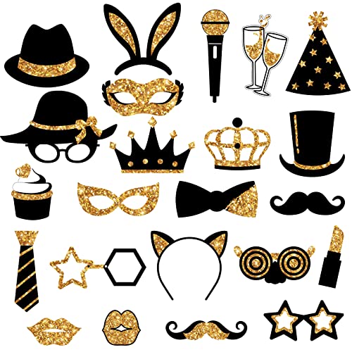Zonon 24 Pcs Funny Photo Booth Props Class of 2026 Graduation Birthday Wedding Family Class Reunion Prom Disco Party Celebration Decoration Supplies Mix of Hats, Lipstick, Tie(Golden) - color: Golden