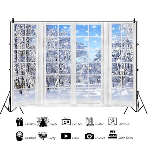 12x8ft Winter Landscape Window Backdrop Snow Trees Scenery Photography Background Banner Merry Xmas New Year Party Banner Decorations Supplies Photo Booth Props - size: 12x8ft