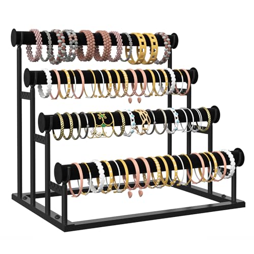 ORLESS 4 Tier Bracelet Holder, Detachable Velvet Jewelry Display Stand, T-Bar Necklace Storage Organizer Display Stand, Metal Bracelet Holder Display for Bangles Watch Bracelets Scrunchies(Black) - color: Black