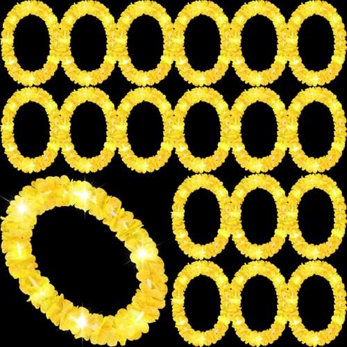 Sherr 24 Pcs LED Light Yellow Leis Light up Wedding Hawaiian Leis Flower Necklace with LED Lights Beach Tropical Carnival Party Wedding Supplies Luau for Masquerade - color: Bright Yellow