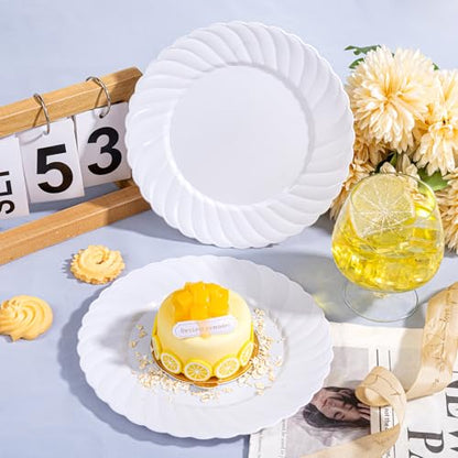 U-QE 100 Count White Plastic Plates for Party - 7 Inch Scalloped Dessert Plates Disposable Heavy Duty - Premium Hard Plastic Appetizer/Cake Plates for Party, Wedding, BBQ, Picnic and Graduation - color: 7Inch-100pcs-White
