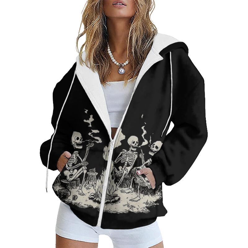 ZOCANIA Women's Sweatshirts Zip Up Hoodie Womens Halloween Long Sleeve Shirts Drawstring Lightweight Hoodies for Women - color: Skull Light Grey, size: XX-Large