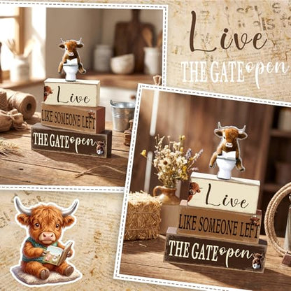 Geelin 4 Pcs Highland Cow Bathroom Decorations Bathroom Wooden Table Centerpiece Blocks Highland Cow Tiered Tray Decor Live Like Someone Left The Gate Open Sign for Indoor Home Desk Room Shelf Decor - style: Highland Cow