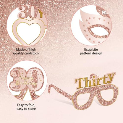 Guiruiy 24PCS 30th Birthday Paper Eyeglasses Decorations for Women, Pink Rose Gold Happy 30th Birthday Eyeglasses Party Supplies, Funny Thirty Year Old Birthday Glasses Decor - style: Rose Gold 30th