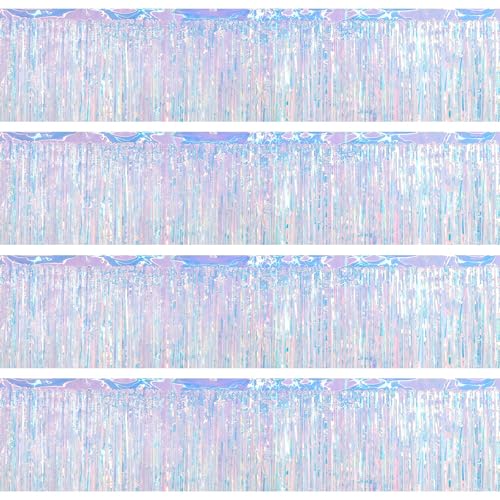 4 Packs Foil Fringe Garland Tinsel Streamers Shiny Wall Hanging Birthday Banner Backdrop for Graduation Wedding Anniversary Celebration Happy Birthday Party Decorations Iridescent - color: Iridescent Blue