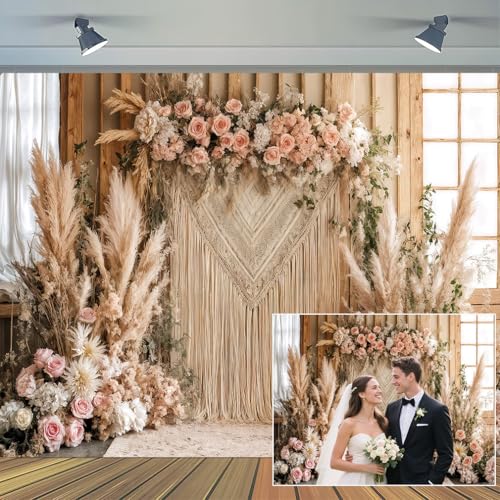 7 x 5 ft Bohemian Pampas Grass Flower Backdrop Retro Boho Flowers Window Photography Background Bridal Shower Anniversary Birthday Baby Shower Decoration - color: Beige, size: 7x5ft