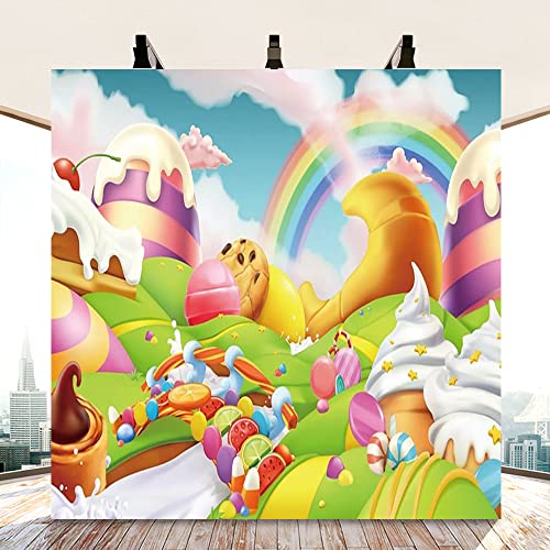 AOFOTO 8x8ft Candyland Backdrop Fantasy Giant Lollipop Candy Land Candy Themed Party Decorations Banner Cartoon Rainbow Ice Cream Dessert Shop Decor Background Kids Baby Birthday Photoshoot Props - size: 8x8ft