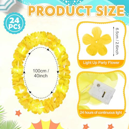 Sherr 24 Pcs LED Light Yellow Leis Light up Wedding Hawaiian Leis Flower Necklace with LED Lights Beach Tropical Carnival Party Wedding Supplies Luau for Masquerade - color: Bright Yellow