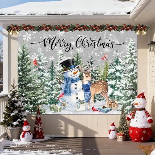 MEHOFOND 8x6ft Christmas Backdrop Winter Snowman Merry Christmas Photography Background Xmas Tree Snowflake Decorations Banner for Winter New Year Xmas Eve Family Party Decor Photo Booth Props - size: 8x6ft