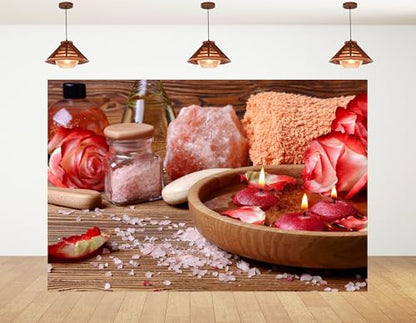8x8ft Rose Petal Spa Backdrop with Pink Bath Bombs and Red Candles Photography Background for Skincare Relaxation and Romantic Party Decorations Banner Photo Booth Props - size: 8x8ft