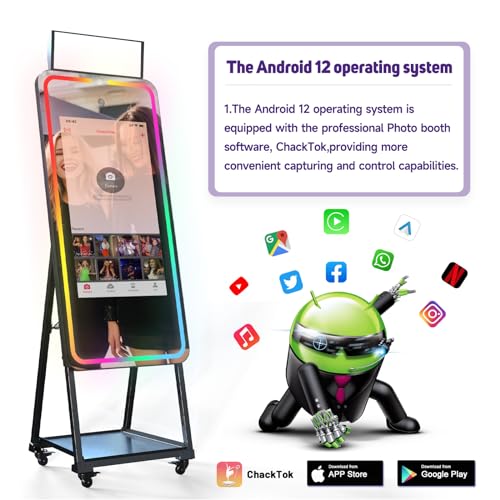 HARZHI Magic Mirror Photo Booth with Printer, 32 Inch Touch Screen, Android 12 System Photo Booth Machine, 12MP 4K Selfie Camera, Free ChackTok Membership, with Flight Case