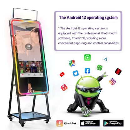 HARZHI Magic Mirror Photo Booth with Printer, 32 Inch Touch Screen, Android 12 System Photo Booth Machine, 12MP 4K Selfie Camera, Free ChackTok Membership, with Flight Case