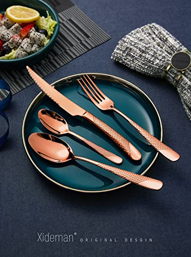 16-Piece Modern Copper Hammered Silverware Set with Ultra Sharp 2-IN-1 Serrated Knife, Rose Gold 18/10 Stainless Steel Flatware Set, Utensil Cutlery Set for 4 Person, Forks Spoons Knives Set - color: Copper