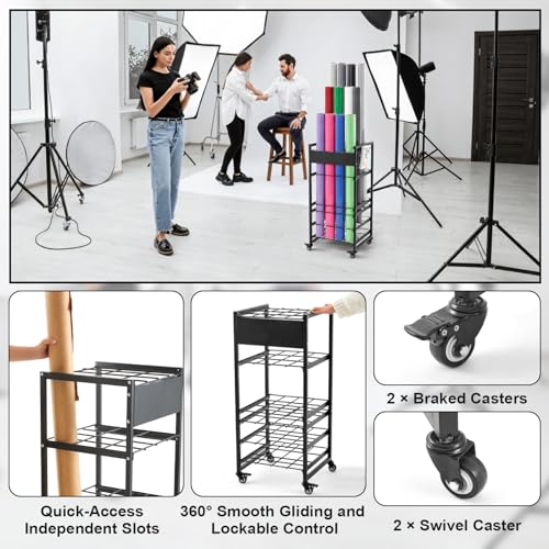 Thyle Seamless Paper Backdrop Storage Rack Holds 12 Rolls, Background Paper Roll Display Stand with 4 Locking Wheels, Heavy Duty Backdrops Rolls Storage Stand for Photography Studio Retail Display