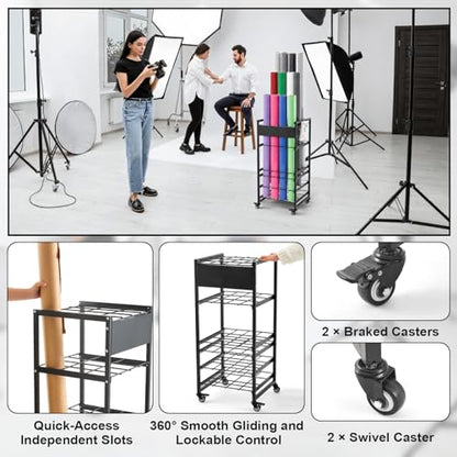 Thyle Seamless Paper Backdrop Storage Rack Holds 12 Rolls, Background Paper Roll Display Stand with 4 Locking Wheels, Heavy Duty Backdrops Rolls Storage Stand for Photography Studio Retail Display