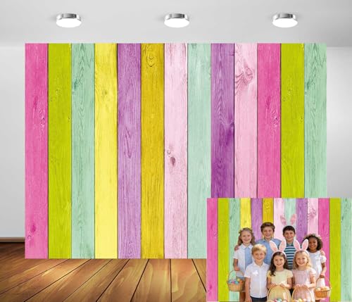 XCKALI Colorful Wood Photography Background Colorful Rustic Wooden Texture Easter Backdrop Party Decor Photo Props (8x6ft) - size: 8x6ft