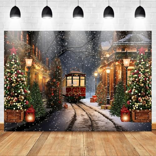 Mocsicka Christmas Train Backdrop for Photography Christmas Town Winter Train Xmas Snow Railway Christmas Tree Party Background Wonderland Snowflake Portrait Photo Studio Props (7x5ft) - size: 7x5ft