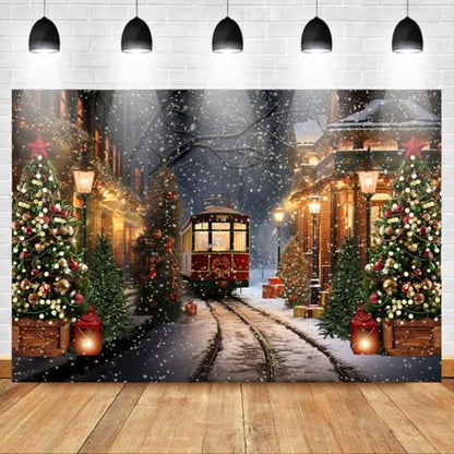Mocsicka Christmas Train Backdrop for Photography Christmas Town Winter Train Xmas Snow Railway Christmas Tree Party Background Wonderland Snowflake Portrait Photo Studio Props (7x5ft) - size: 7x5ft
