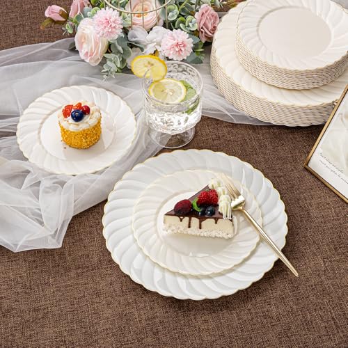 U-QE 60 Pcs Ivory Plastic Plates with Gold Trim – Scalloped Plate Disposable for Party - Elegant Plastic Plates Include 30 10.25" Dinner & 30 7.25" Dessert Plates for Party - color: Ivory Gold