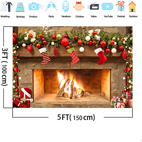 Mocsicka Christmas Fireplace Theme Backdrop for Photography Xmas Tree Sock Gift Family Party Decorations Wallpaper Winter Christmas Birthday Holiday Banner Studio Booth (5x3ft) - size: 5x3ft